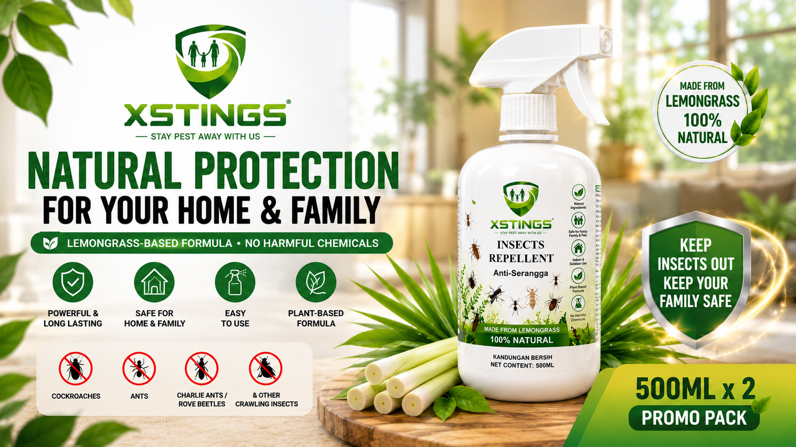 XSTINGS lemongrass-based insect repellent for ant prevention in Singapore homes