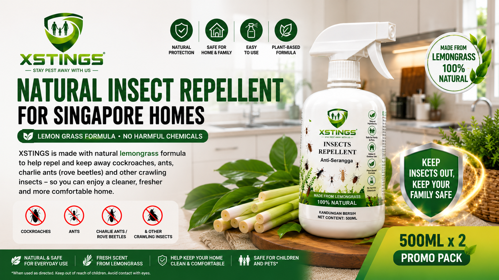 XSTINGS natural lemongrass insect repellent for Singapore homes