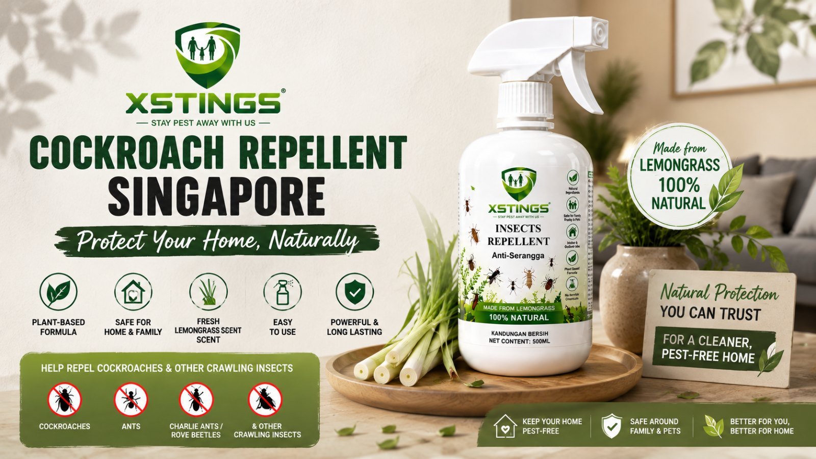 XSTINGS lemongrass cockroach repellent for Singapore home prevention