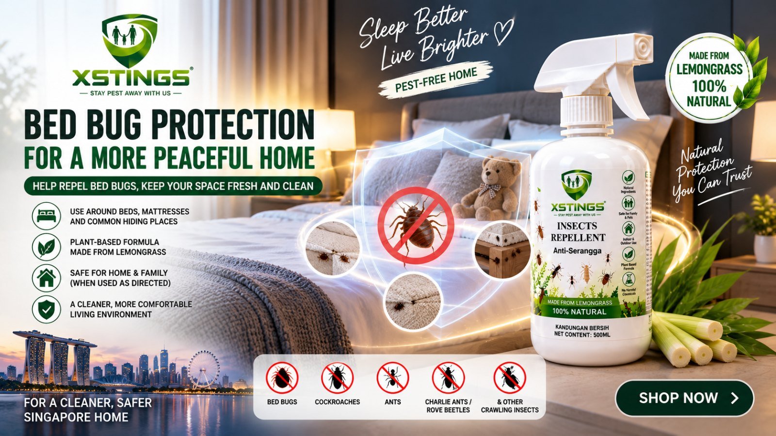Bed bug prevention in Singapore bedroom with XSTINGS insect repellent