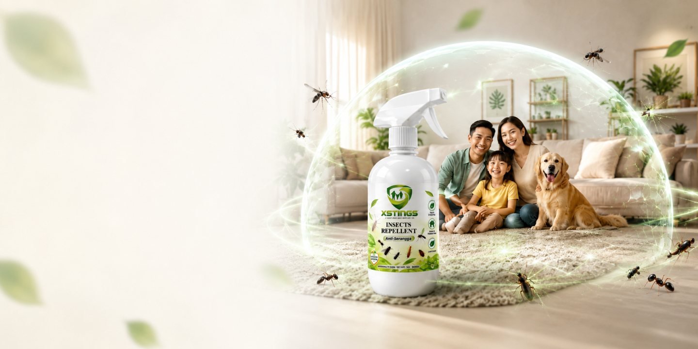 A family and their dog sitting together in a bright living room
                  inside a glowing protective dome, with a bottle of
                  XSTINGS insect repellent in the foreground
                  and insects kept outside.