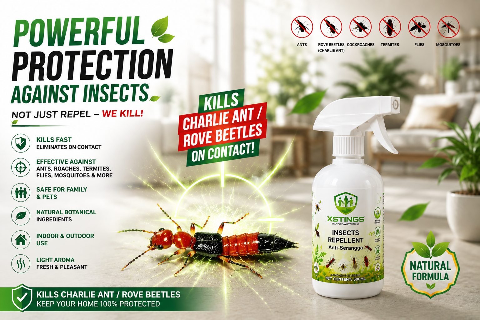 A bottle of XSTINGS insect repellent on a table beside potted plants.