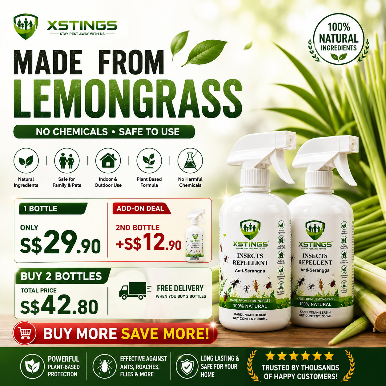 XSTINGS lemongrass insect repellent 500ml x2 promo pack Singapore